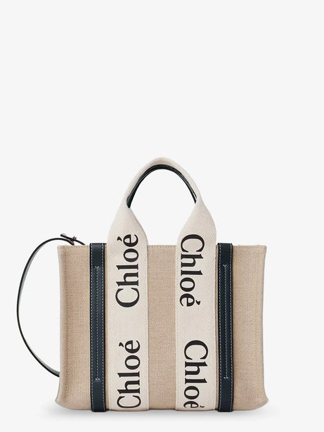 Chloe' Woody linen canvas and leather crossbody bag - White - Blue 1