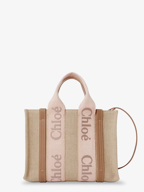Chloe' Woody linen canvas and leather crossbody bag - Blushy Beige