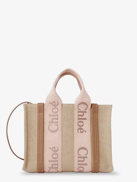 Chloe' Woody linen canvas and leather crossbody bag - Blushy Beige