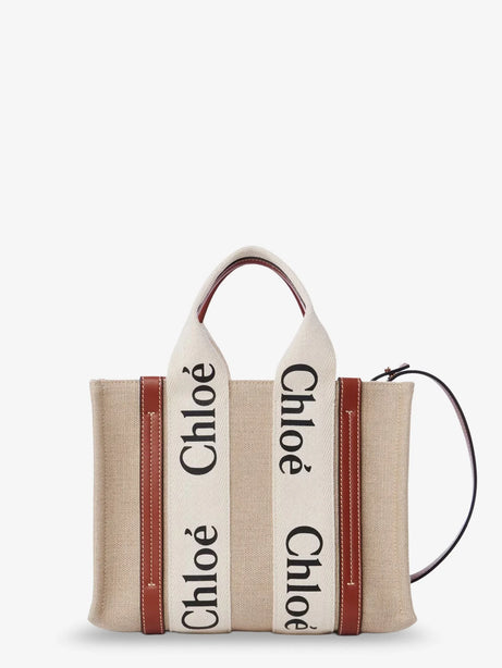 Chloe' Woody linen and leather Tote Bag - White - Brown 1