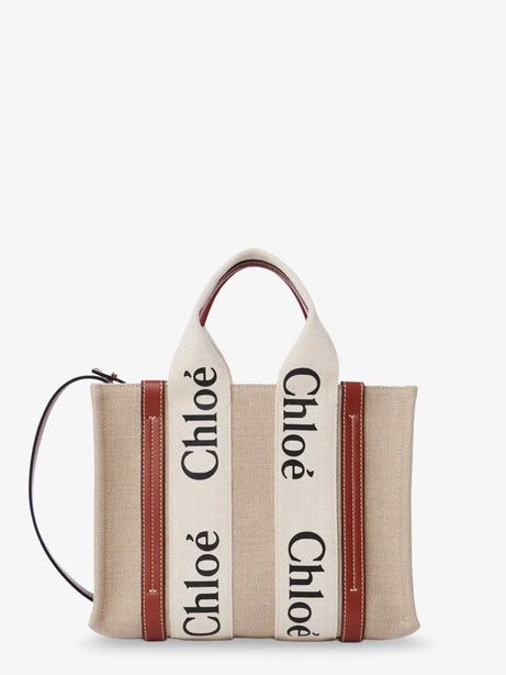 Chloe' Woody linen and leather Tote Bag - White - Brown 1