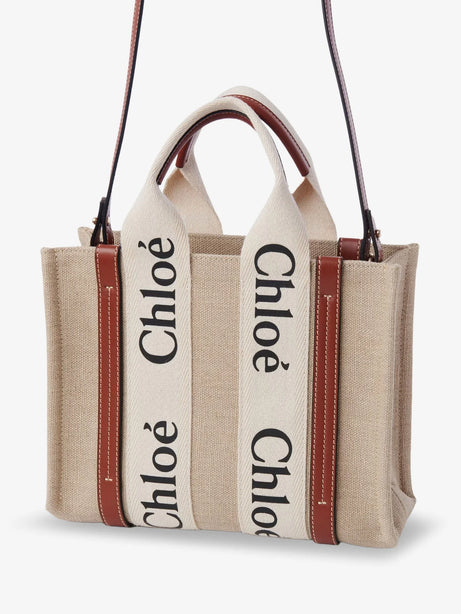 Chloe' Woody linen and leather Tote Bag - White - Brown 1