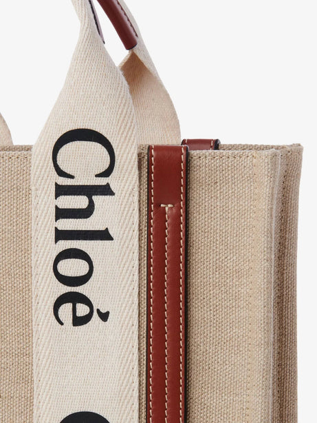 Chloe' Woody linen and leather Tote Bag - White - Brown 1
