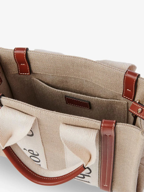 Chloe' Woody linen and leather Tote Bag - White - Brown 1
