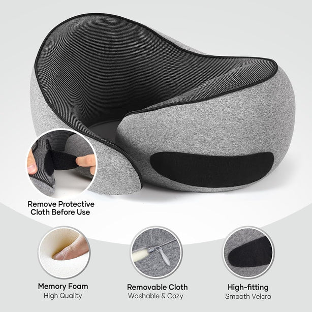 StitchesandTweed Memory Foam Travel Pillow, 360° Head Support Degree Comfort and Breathability - Grey