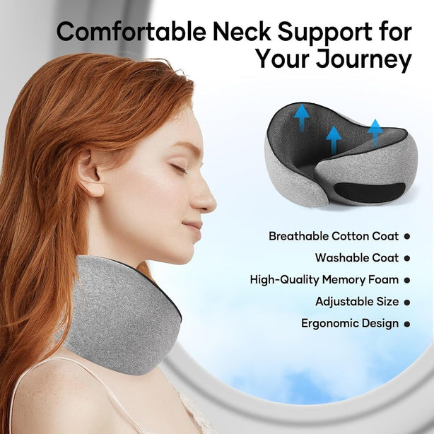 StitchesandTweed Memory Foam Travel Pillow, 360° Head Support Degree Comfort and Breathability - Grey