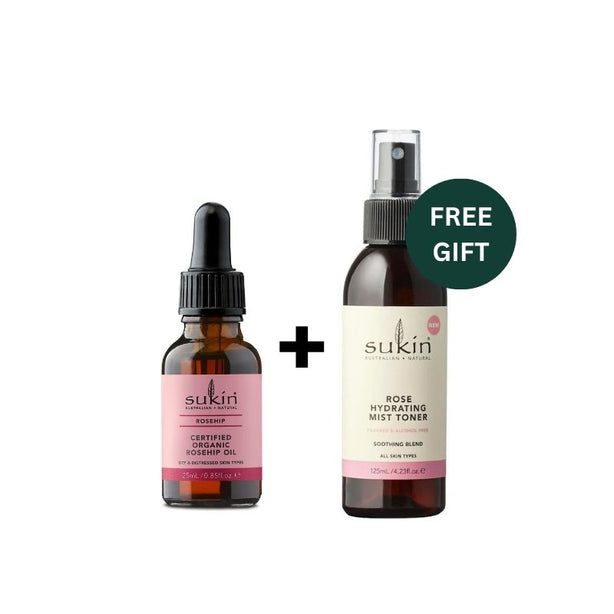 Sukin Certified Organic Rosehip Oil 25ml + Free Sukin Rose Hydrating Mist Toner 125ml