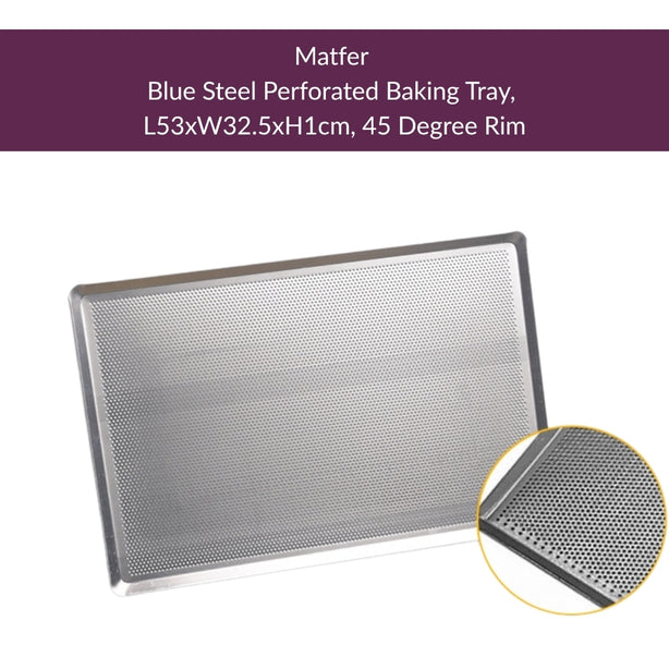 Matfer Blue Steel Perforated Baking Tray, L53xW32.5xH1cm, 45 Degree Rim