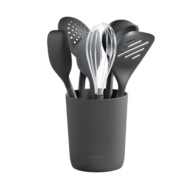 Zyliss Polybutylene Terephthalate 7-Piece Utensil Set (1Xladle L, 1Xslotted Turner, 1Xspatula L, 1Xspoon L, 1Xballoon Whisk L, 1Xskimmer, Storage Bucket) L14xW14xH32.5cm, Gray