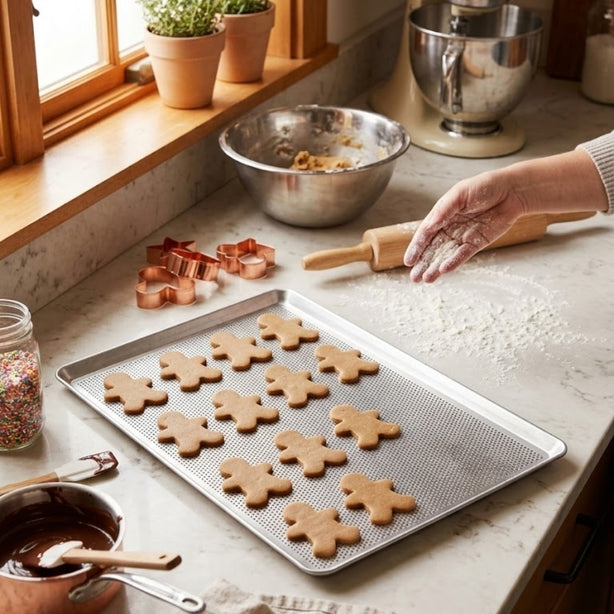 Matfer Blue Steel Perforated Baking Tray, L53xW32.5xH1cm, 45 Degree Rim