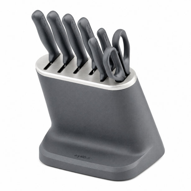 Zyliss Stainless Steel 8-Piece Knife Block Set with Chef, Santoku, Bread & Paring Knives and Kitchen Scissors - Grey