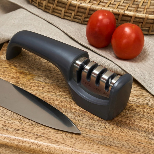 Zyliss Stainless Steel 4-In-1 Knife Sharpener (Scissors And Serrated Blades Sharpening, Honing, Polishing Straight Blades), L20.7xW5xH6.9cm, Gray