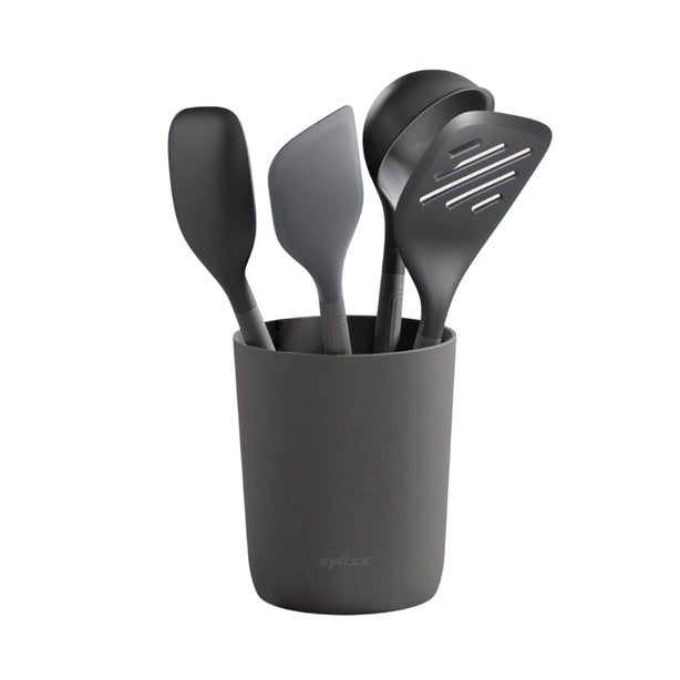 Zyliss Polybutylene Terephthalate 5-Piece Utensil Set (1Xladle L, 1Xslotted Turner, 1Xspatula L, 1Xspoon L, Storage Bucket) L14xW14xH32.5cm, Gray