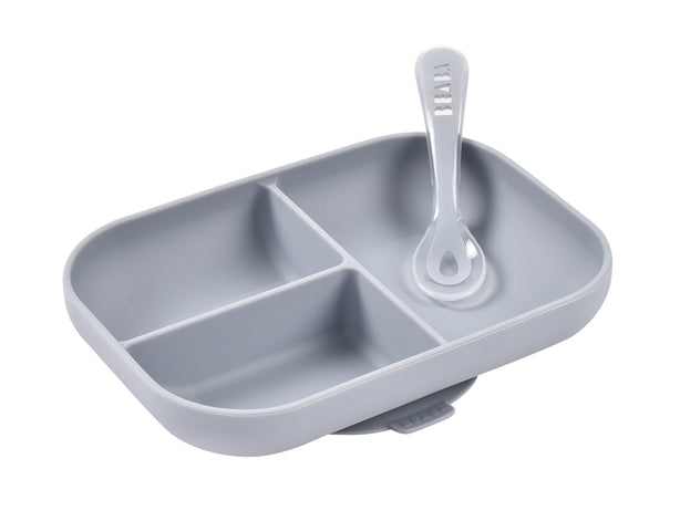 Beaba Silicone Suction Divided Plate & Spoon - Pebble