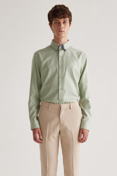 Coupe Cousu, Light Green Twill, Double Collar Long Sleeve Shirt