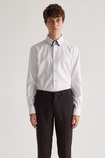 Coupe Cousu, White Twill, Double Collar Long Sleeve Shirt