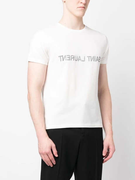 Saint Laurent White T-Shirt with Black Logo Pattern