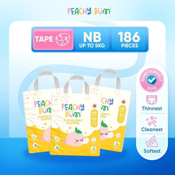 [Bundle of 3] Peachy Bum Cloud Soft Tape Diapers | Size NB | Size S | Size M | Size L
