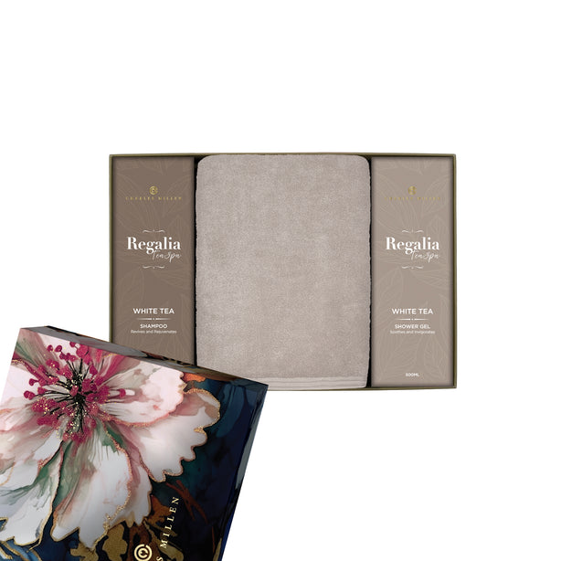 Charles Millen Signature Collection Rebliss Loft Sports Bath Towel With Regalia Shower Gel and Shampoo Gift Set,CM25-X45, Tart Brown + White Tea