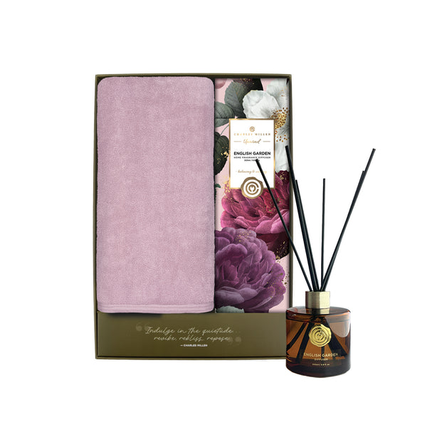 Charles Millen Signature Collection Repose Loft Sports Bath Towel With Unwind Diffuser Gift Set,CM25-X49, Blossom Pink + English Garden