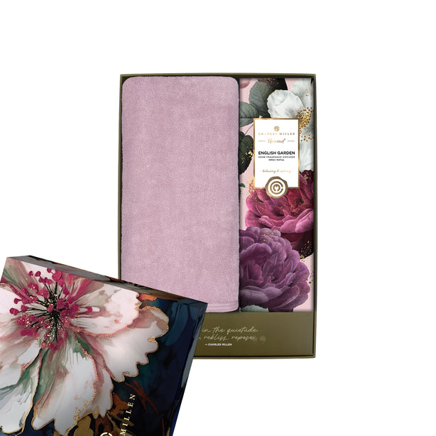Charles Millen Signature Collection Repose Loft Sports Bath Towel With Unwind Diffuser Gift Set,CM25-X49, Blossom Pink + English Garden