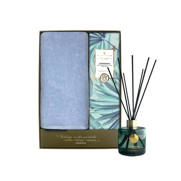 Charles Millen Signature Collection Repose Loft Sports Bath Towel With Unwind Diffuser Gift Set,CM25-X47, Isle Blue + Lemon Grass