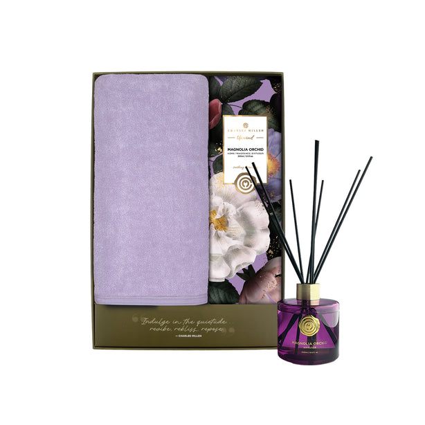 Charles Millen Signature Collection Repose Loft Sports Bath Towel With Unwind Diffuser Gift Set,CM25-X48, Lavender + Magonlia Orchid
