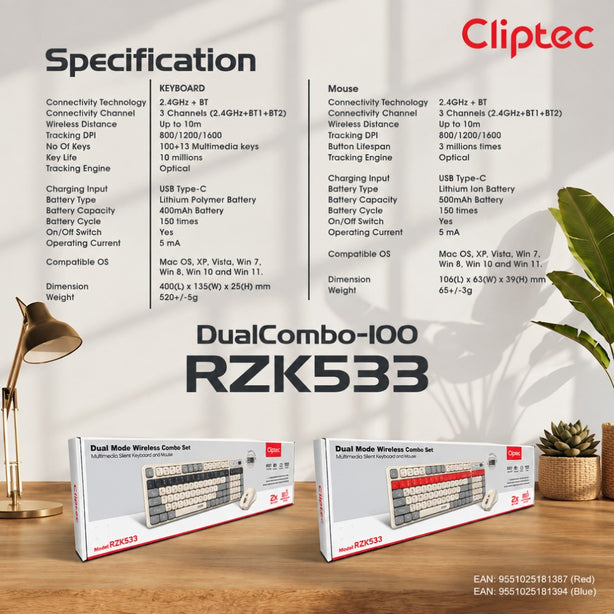 Cliptec RZK533 Dual Mode Wireless Multimedia Silent Keyboard And Mouse Combo Set - Blue