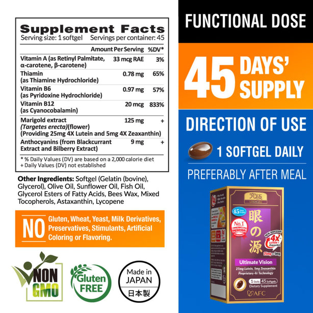 AFC Ultimate Vision 4X Lutein 4X Eye Supplement for Floaters Glaucoma