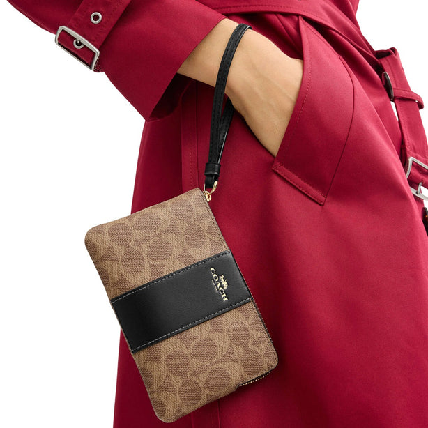Coach Corner Zip Wristlet In Signature Canvas With Stripe - Tan/ Black CW854