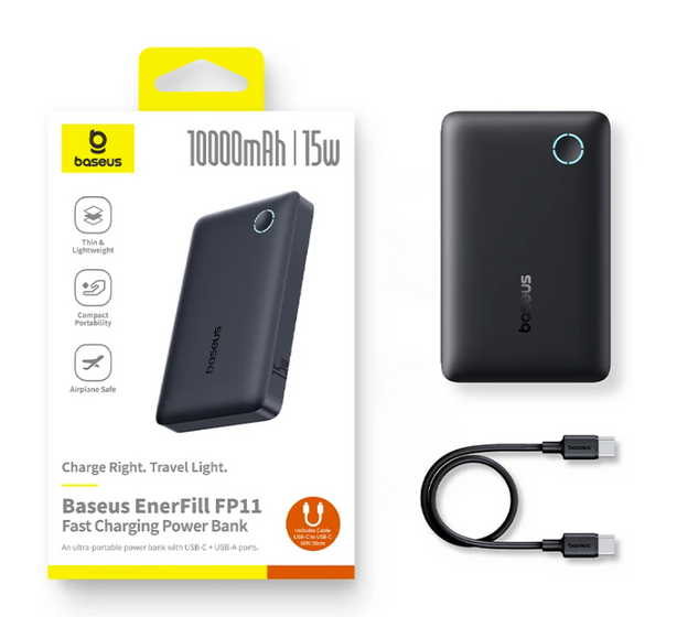 OS-Baseus EnerFill FP11 Power Bank 10000mAh 15W Cosmic Black (Includes Simple Type-C to Type-C Cable 20V/3A 30cm Black)