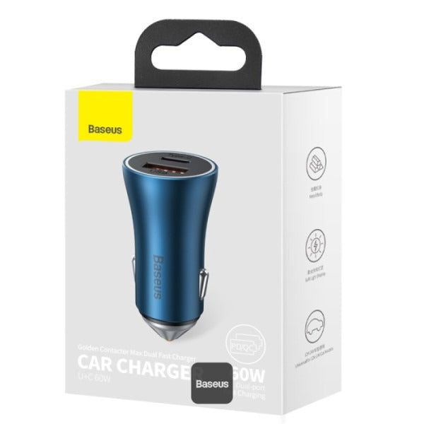 Baseus Golden Contactor Max Dual Fast Charger Car Charger U+C 60W Blue