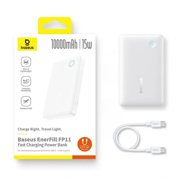 OS-Baseus EnerFill FP11 Power Bank 10000mAh 15W Moon White (Includes Simple Type-C to Type-C Cable 20V/3A 30cm White)
