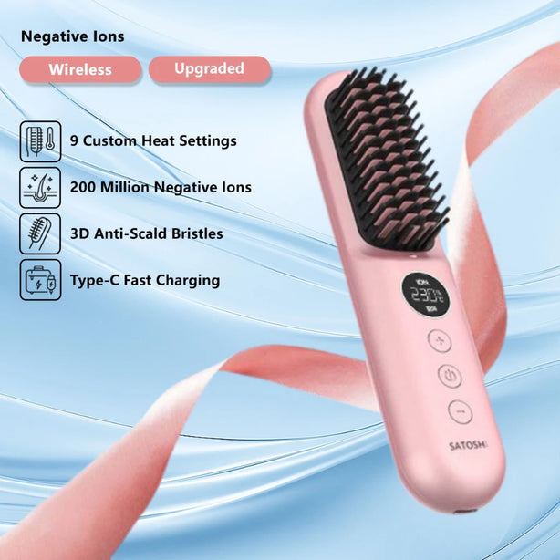 SATOSHI Upgraded Compact Anti-Frizz Cordless Ionic Heated Comb Fast Heating Hair Straightening Gift