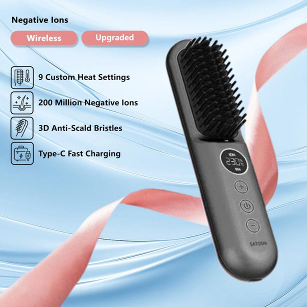 SATOSHI Upgraded Compact Anti-Frizz Cordless Ionic Heated Comb Fast Heating Hair Straightening Gift