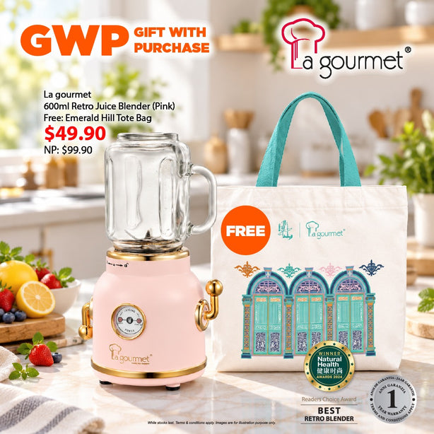 La Gourmet 600ml Retro Juice Blender (Pink)  Free: Emerald Hill Tote Bag