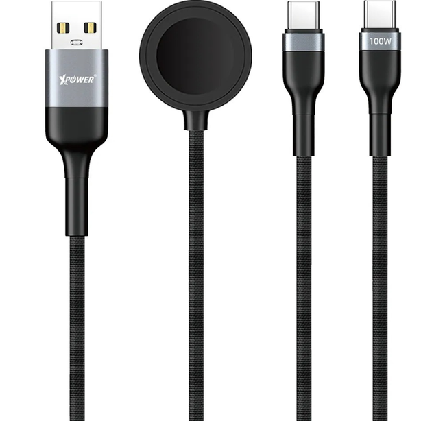 XPower Combo Watch CW1 6-in-1 Digital Display 2 to 3 100W Aluminum Alloy Charging Cable (1.2M) - Black