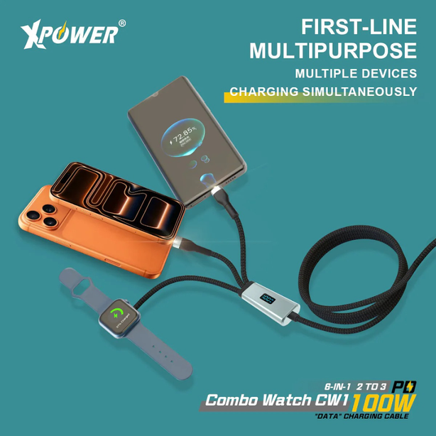 XPower Combo Watch CW1 6-in-1 Digital Display 2 to 3 100W Aluminum Alloy Charging Cable (1.2M) - Black