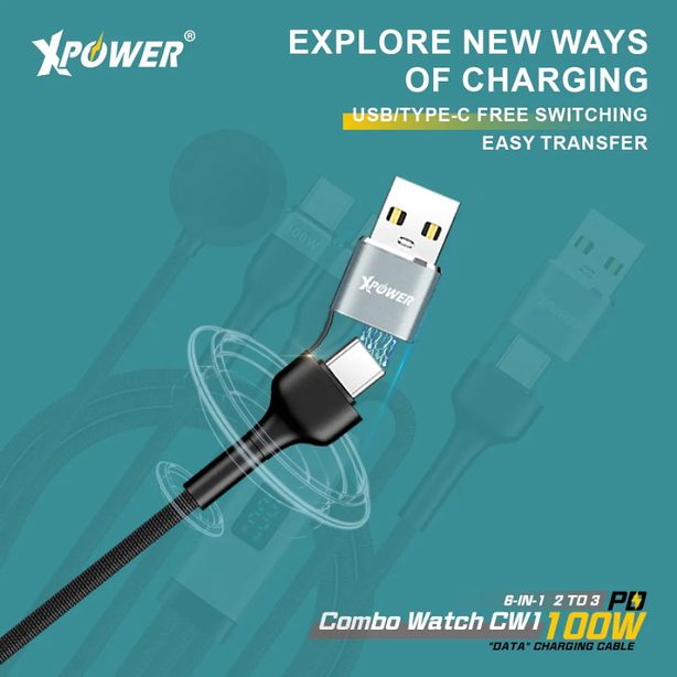 XPower Combo Watch CW1 6-in-1 Digital Display 2 to 3 100W Aluminum Alloy Charging Cable (1.2M) - Black