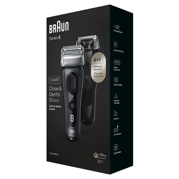 Braun Series 8 8513s Electric shaver with charging stand and travel case - fjord grey