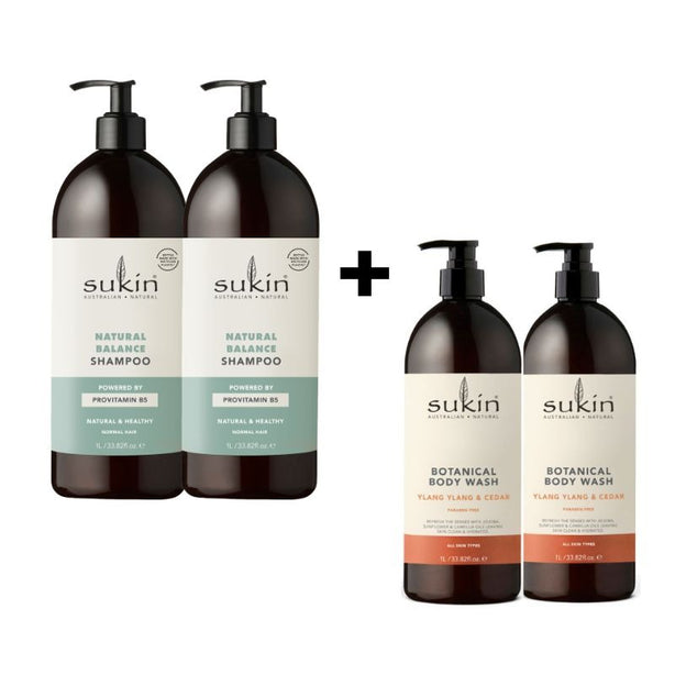 Family Value Set: Sukin Natural Balance Shampoo (1Lx2) + Sukin Botanical Body Wash Ylang Ylang & Cedar (1Lx2)