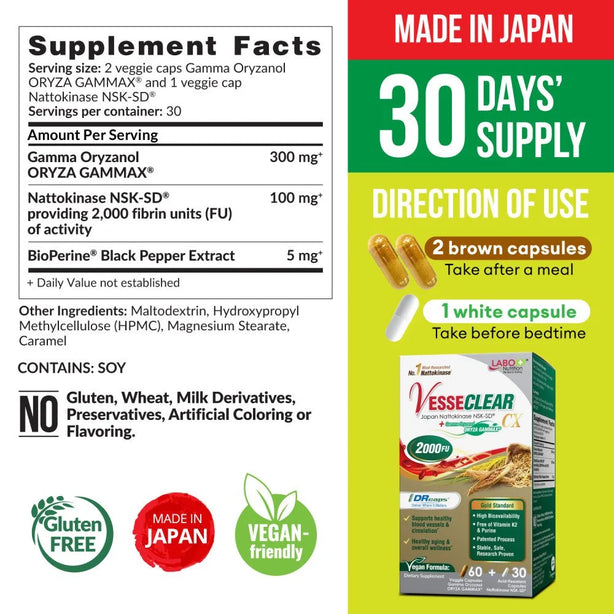 LABO Nutrition VesseCLEAR CX Nattokinase, Clean Blood Vessels 60s+30s