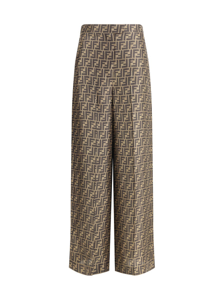 Fendi Monogram pattern silk Pants - Tobacco