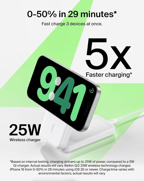 Belkin Qi2.2 25W 3-in-1 Wireless Charger Stand SQ White for Phone Watch Earbuds