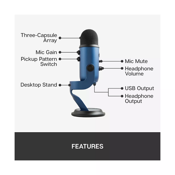 Logitech For Creators Blue Yeti USB Microphone for Recording, Streaming, Gaming, Podcasting on PC and Mac, Condenser Mic for Laptop or Computer with Blue VO!CE Effects, Adjustable Stand, Plug and Play
