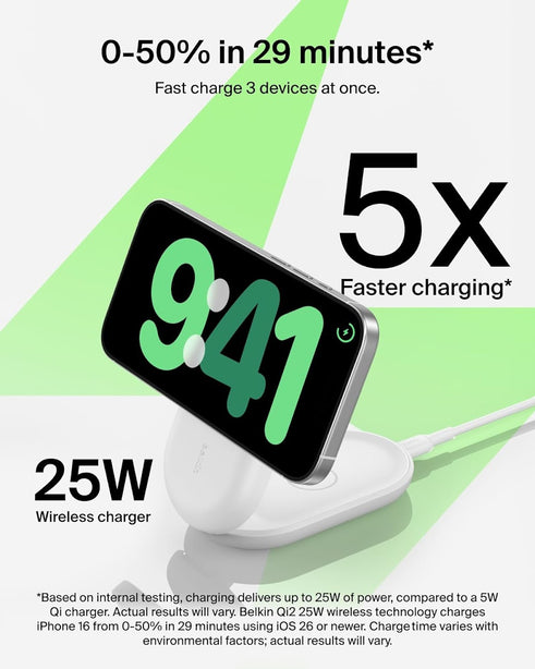 Belkin Qi2.2 25W 3-in-1 Wireless Charger RO White for Phone Watch Earbuds