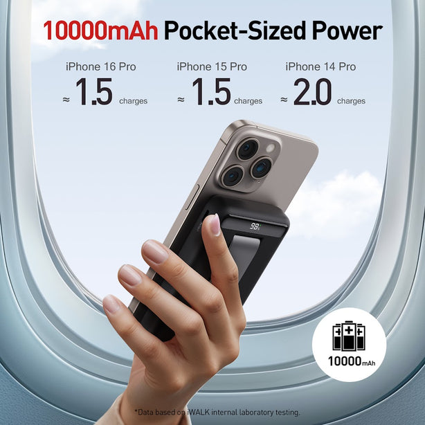 iWALK Power Stand 10000mAh Magnetic Wireless Fast Charger with Adjustable Stand – 15W Qi2 + 20W PD (MXB014)Black