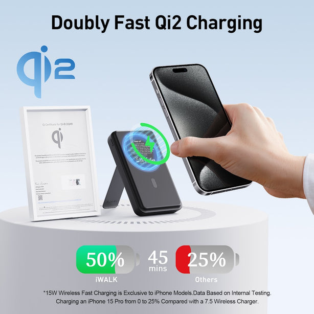 iWALK Power Stand 10000mAh Magnetic Wireless Fast Charger with Adjustable Stand – 15W Qi2 + 20W PD (MXB014)Black