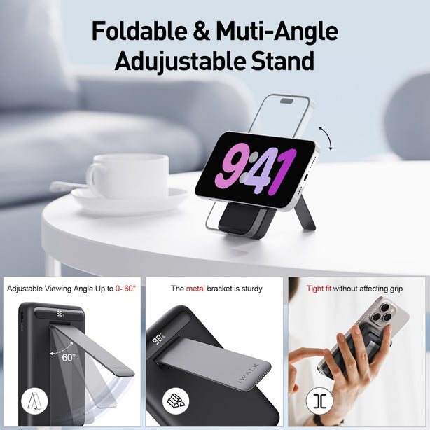 iWALK Power Stand 10000mAh Magnetic Wireless Fast Charger with Adjustable Stand – 15W Qi2 + 20W PD (MXB014)Black