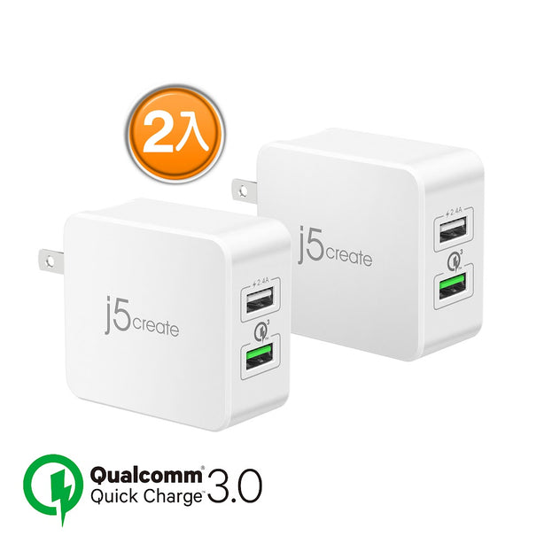 J5Create 2-Port USB 30W Charger W/ QC3.0